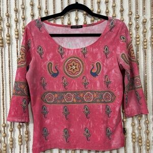 Vintage Cheap Thrill Boho Floral Peacock Indie 3/4 Sleeve Stretchy 90s Y2K Top